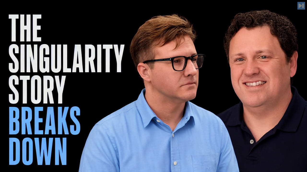 Portraits of Tim Scarfe and Adam Becker beside the words The Singularity Story Breaks Down