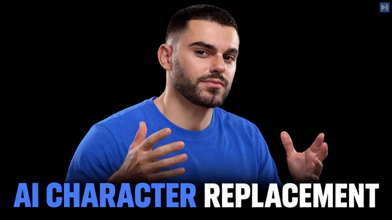 Sirio Berati gestures above the blue and white headline AI Character Replacement on a black background.