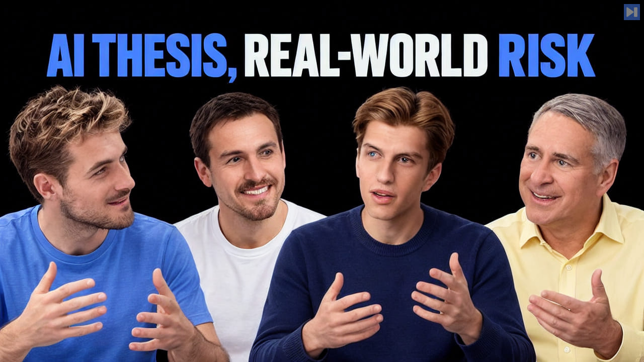 Pierce Freeman, Richard Diehl Martinez, Leopold Aschenbrenner, Ken Griffin against black with the blue and white headline "AI THESIS, REAL-WORLD RISK".