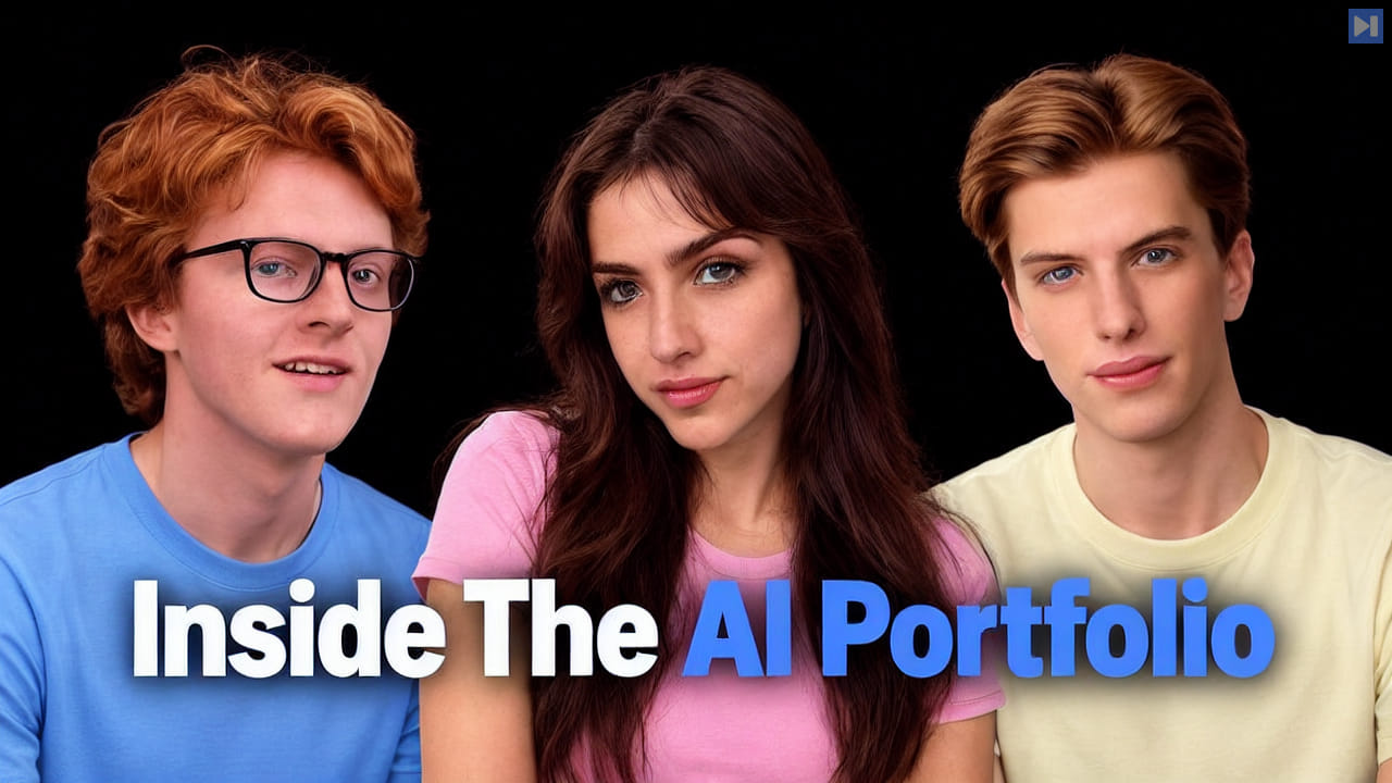 Theo Jaffee and Sofia Puccini and Leopold Aschenbrenner beside the blue and white headline Inside The AI Portfolio on black.