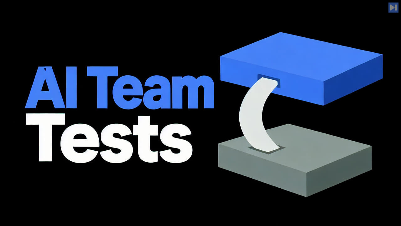 A simple flat illustration of two coordinated blocks against black beside the headline AI Team Tests.