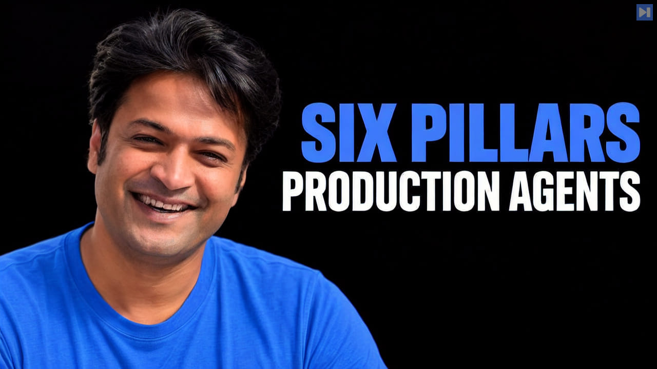 Varun Krovvidi beside the blue and white headline “SIX PILLARS - PRODUCTION AGENTS” on a black background.