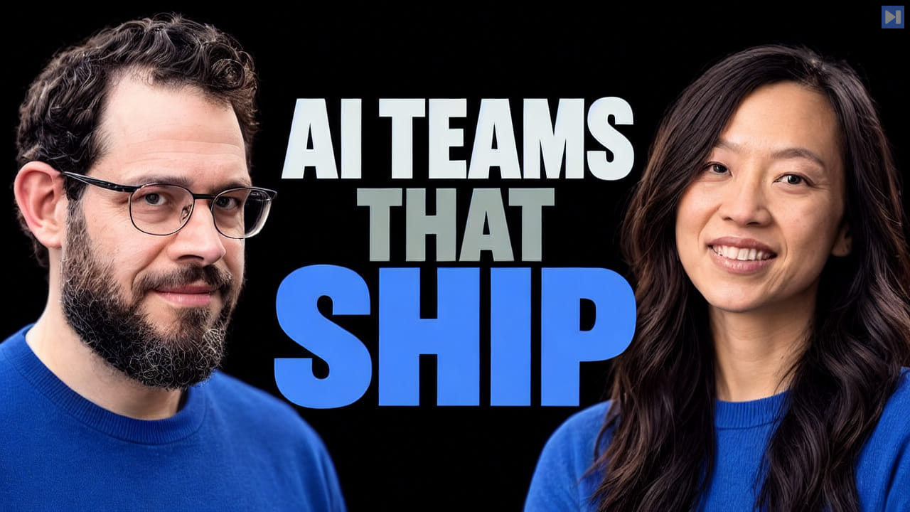 Nate B Jones and Lauren Tan flank the headline 'AI TEAMS THAT SHIP' in white, muted gray-green and blue on a black background.