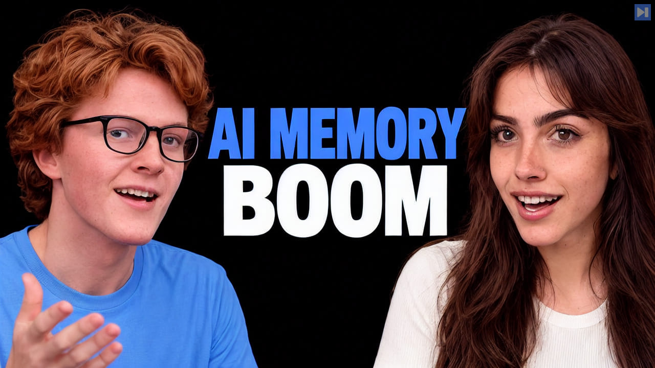 Theo Jaffee in blue and Sofia Puccini in off-white beside the blue-and-white headline AI MEMORY BOOM against a black background.