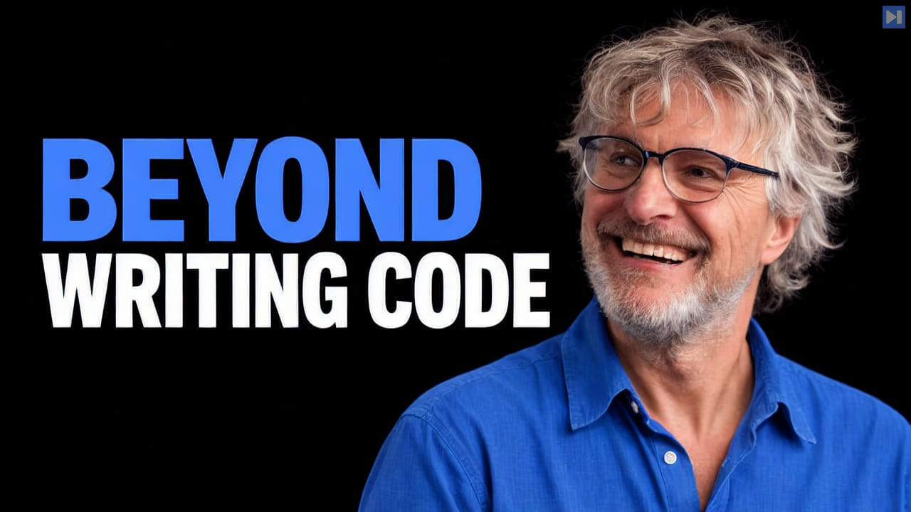 Benoit Schillings against a black background beside the blue and white headline "BEYOND WRITING CODE".