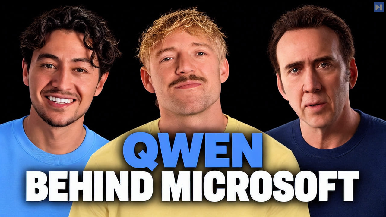 Portraits of Nick Saraev, Jack Roberts, Nicolas Cage against black with the headline QWEN BEHIND MICROSOFT in attention blue and white.