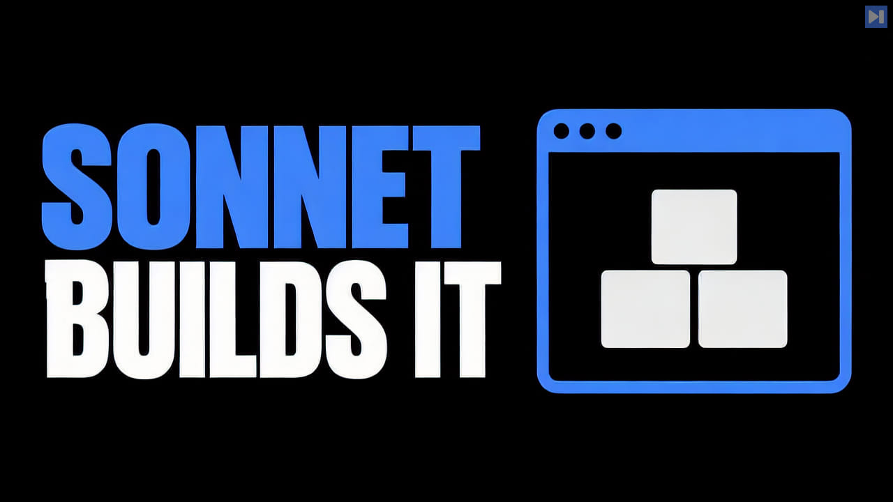 Blue and white headline 'SONNET BUILDS IT' beside a flat blue window shape containing three white blocks, on black.