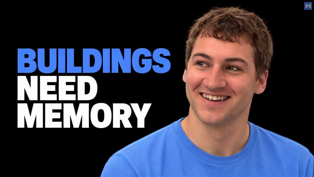 Jordi Spranger in a blue top beside the blue-and-white headline “BUILDINGS NEED MEMORY” against a black background.