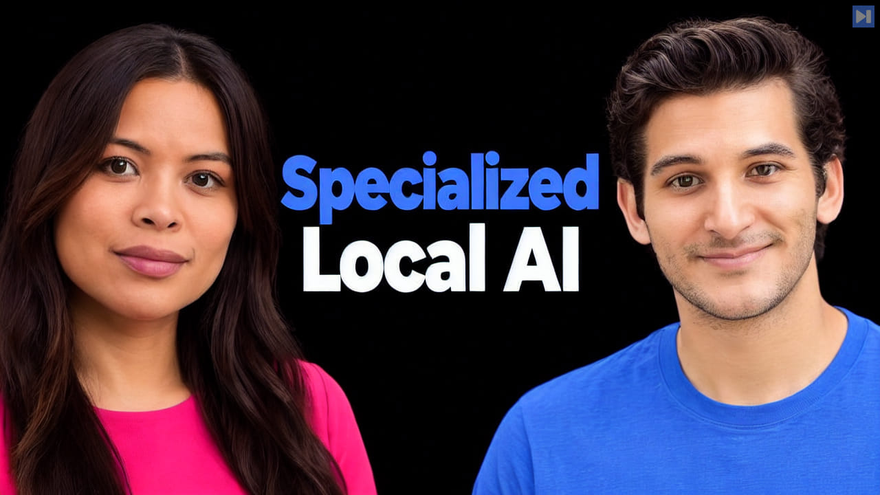 Sophia Dew in pink and Alexander Amini in blue beside the blue-and-white headline Specialized Local AI on black.