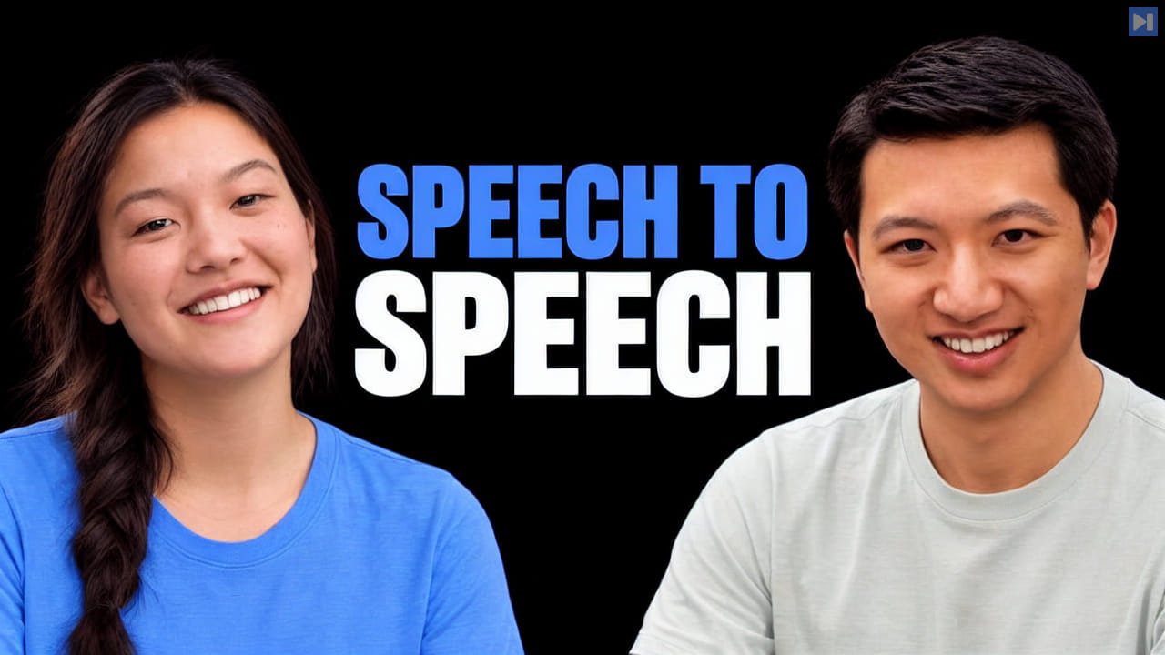 Valeria Wu Fon, Tom Ouyang against a black background with the blue and white headline “SPEECH TO SPEECH”.