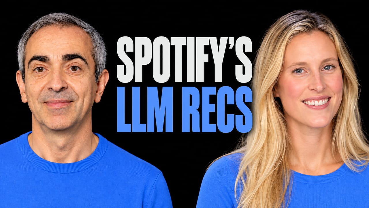Yves Raimond and Jacqueline Wood in blue shirts around the headline “SPOTIFY'S LLM RECS” on a black background.