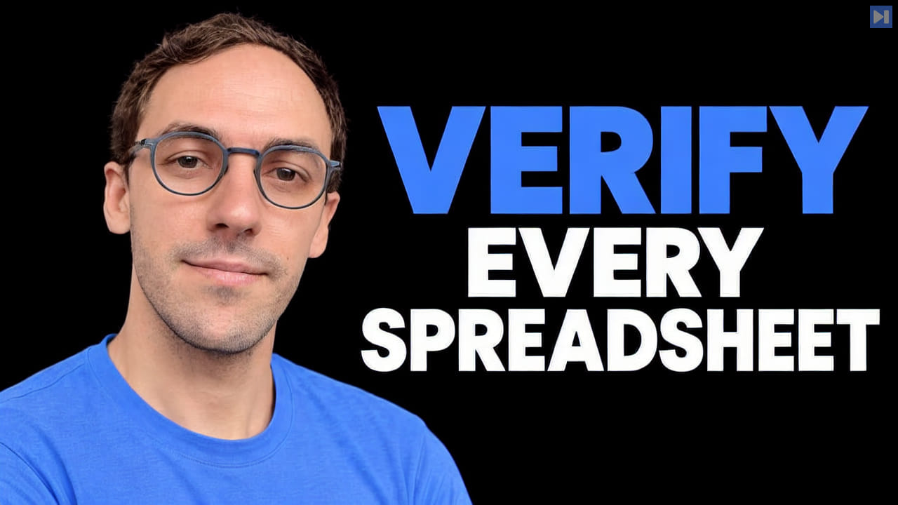 Nuno Campos in glasses and a blue top at left beside the blue and white headline "VERIFY EVERY SPREADSHEET" on black.
