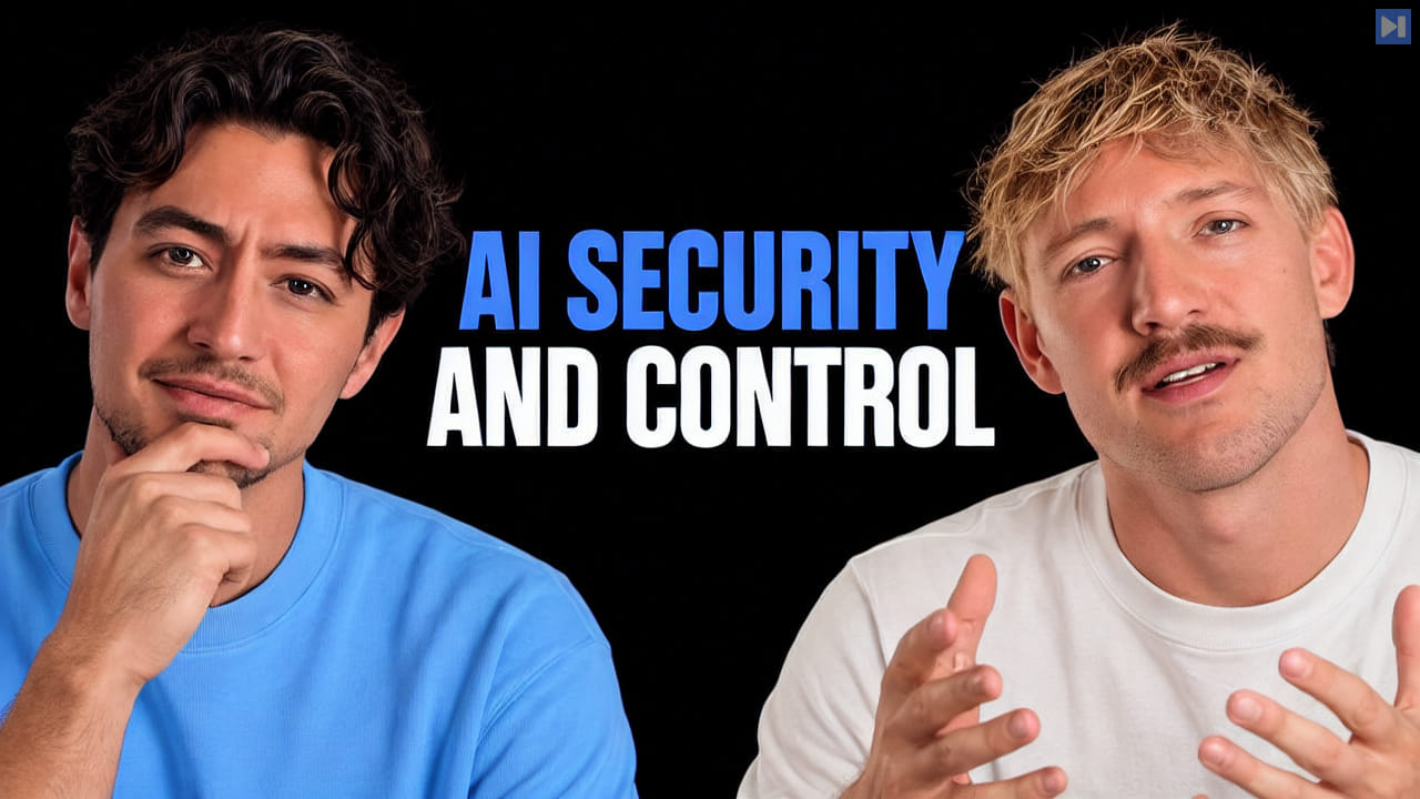 Nick Saraev in blue and Jack Roberts in off-white beside the blue and white headline AI Security and Control on black.