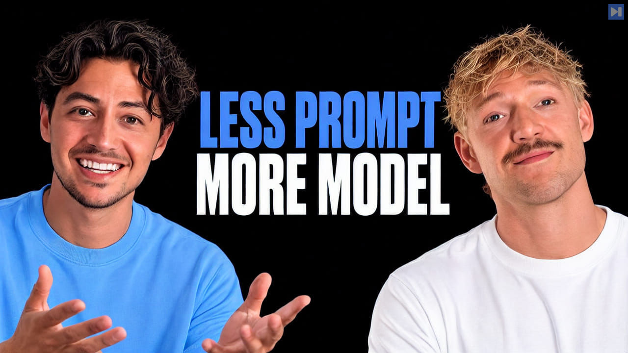 Nick Saraev in a blue top with open hands and Jack Roberts in white beside the blue and white headline 'LESS PROMPT MORE MODEL' on black.
