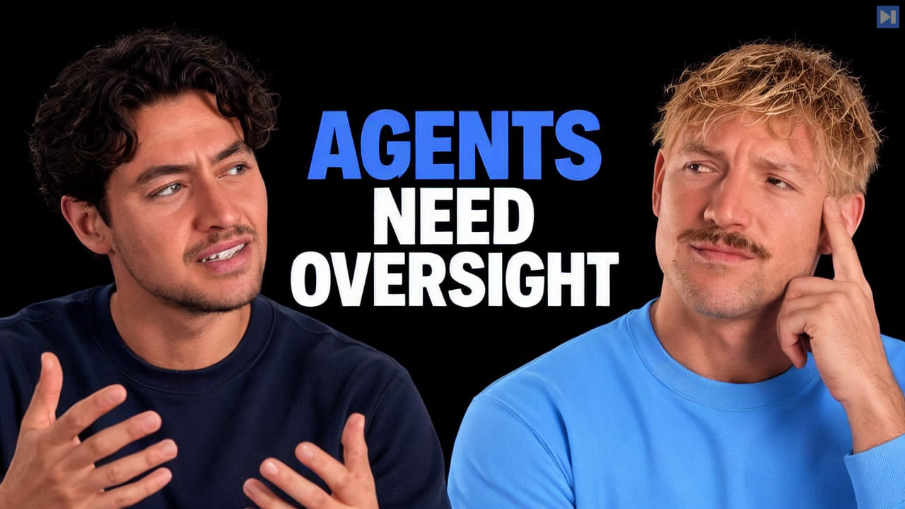 Nick Saraev and Jack Roberts in a black-background portrait composition with the blue-and-white headline Agents Need Oversight.