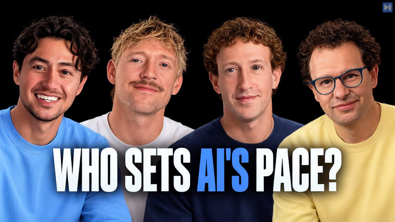Nick Saraev, Jack Roberts, Mark Zuckerberg and Dario Amodei against black beside the blue and white headline “WHO SETS AI'S PACE?”.