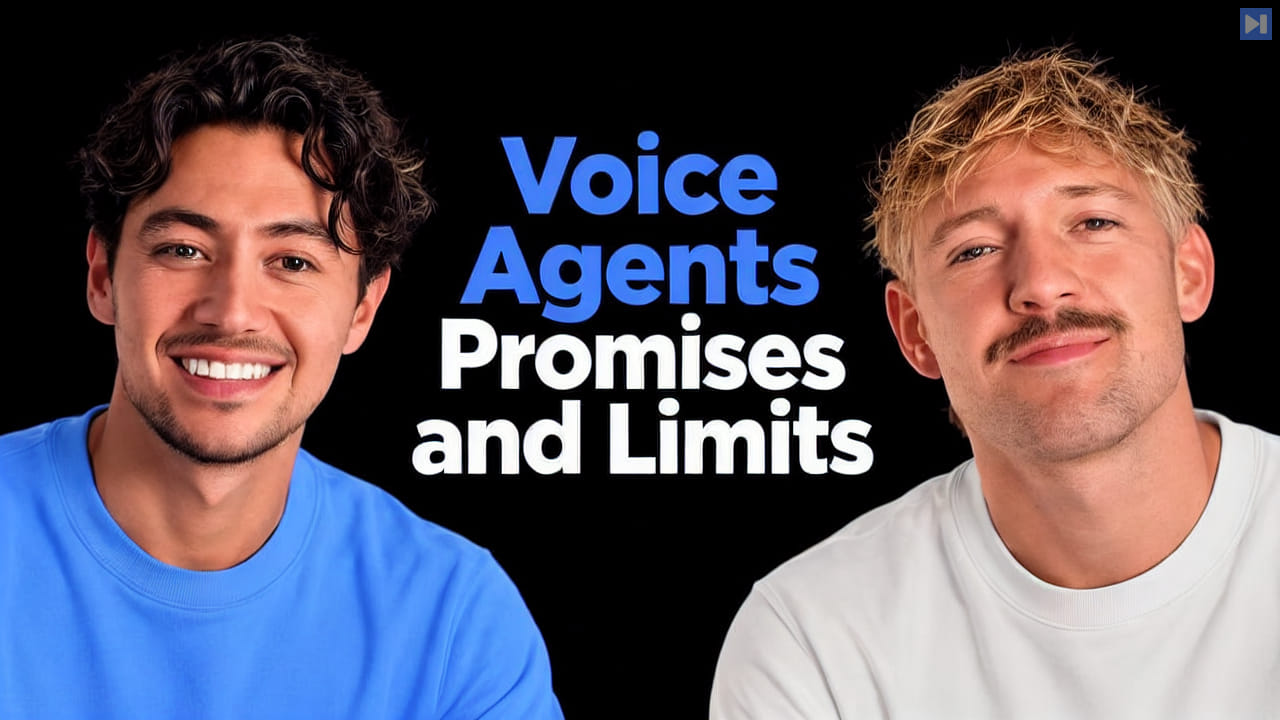 Nick Saraev, Jack Roberts beside the blue and white headline Voice Agents Promises and Limits on a black background.