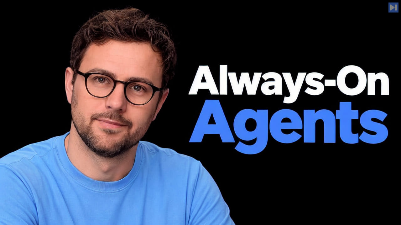 Lee Robinson against a black background beside the blue and white headline "Always-On Agents".