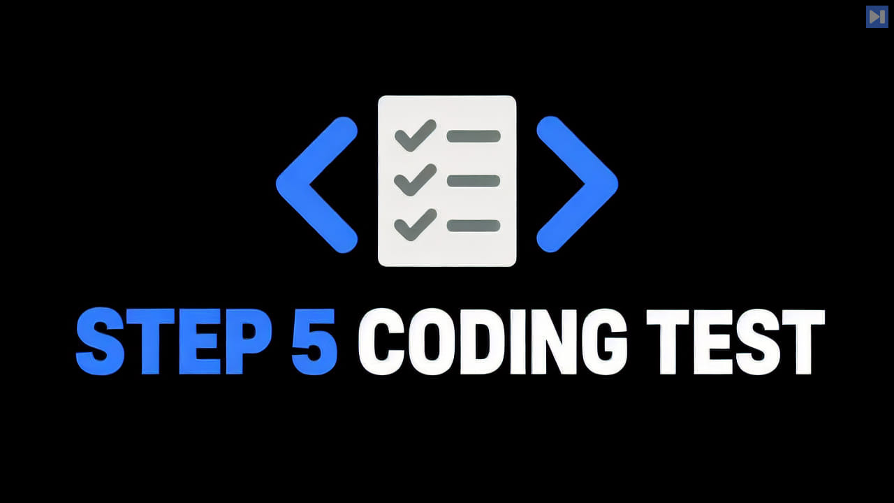 Flat editorial concept with the blue and white headline STEP 5 CODING TEST on a black background.
