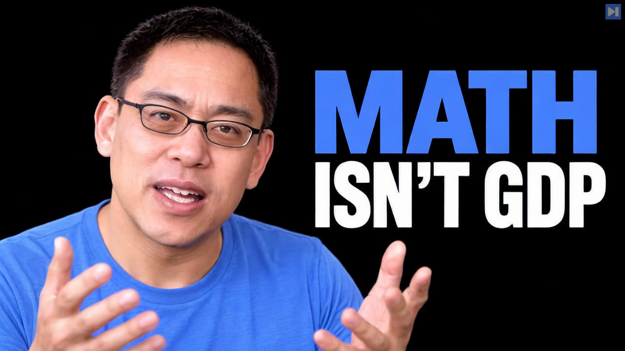 Stephen Hsu gestures beside the blue-and-white MATH ISN’T GDP headline on a black background.