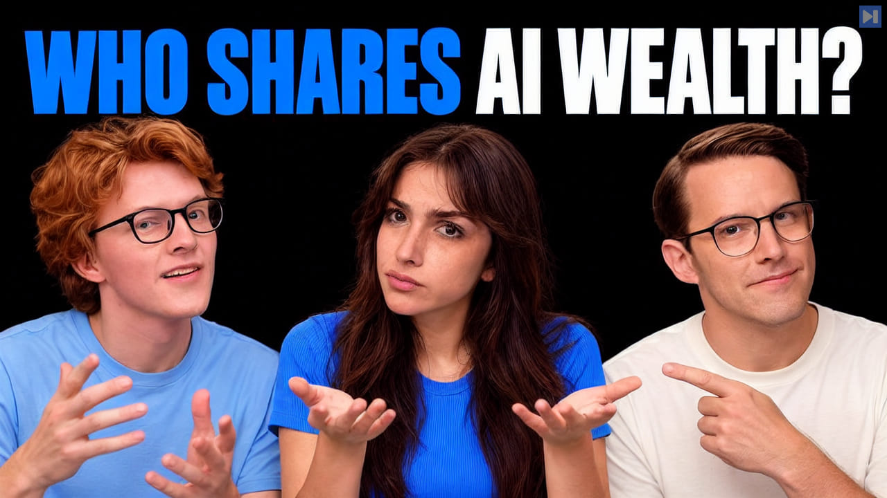 Theo Jaffee, Sofia Puccini and Stephen Kent below the flat headline Who Shares AI Wealth on black.