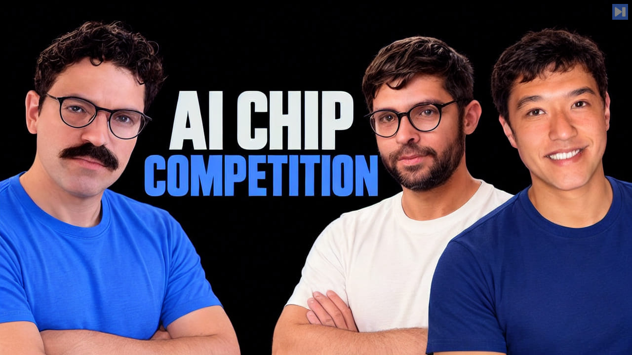 Gabriel Dickinson, Steven Glinert and Mitch Nahmias beside flat text about AI chips.