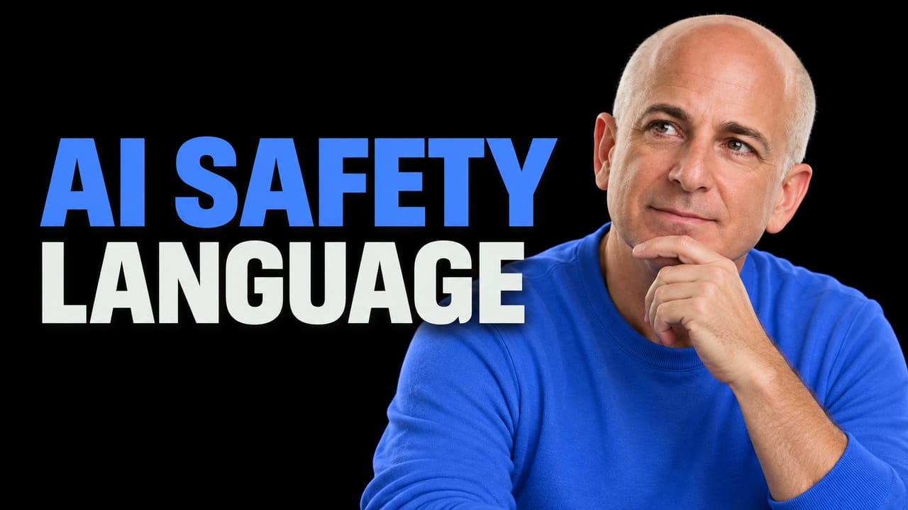 Steven Sinofsky looks upward with one hand at his chin beside the blue and off-white AI SAFETY LANGUAGE headline on black.