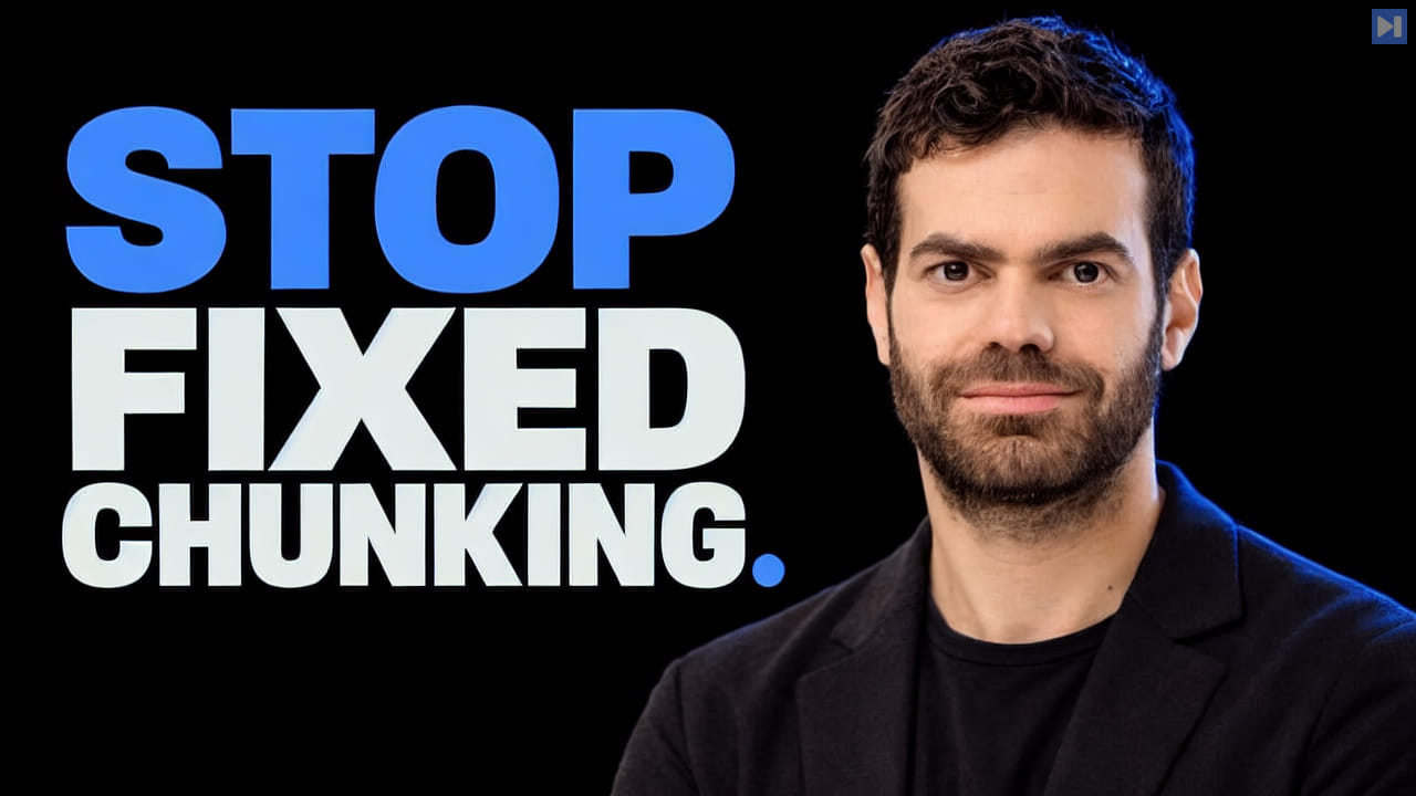 Yuval Belfer in a black jacket on black beside the blue-and-white headline STOP FIXED CHUNKING.