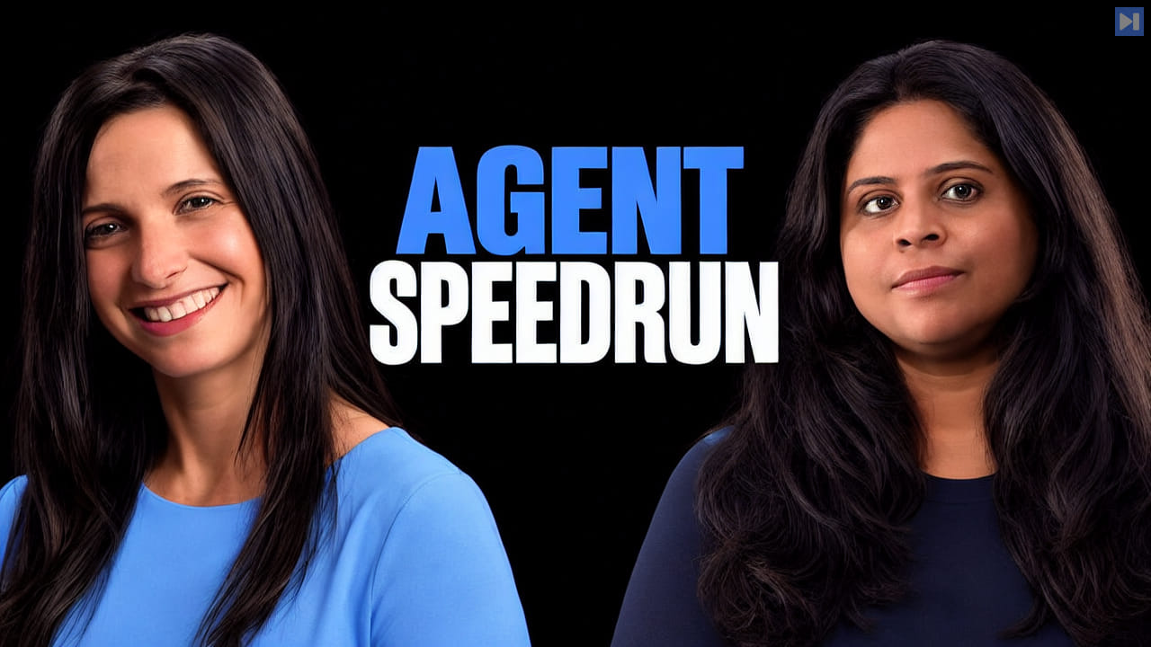 Portraits of Elizabeth Fuentes Leone, Sandhya Subramani against black with the headline AGENT SPEEDRUN in attention blue and white.