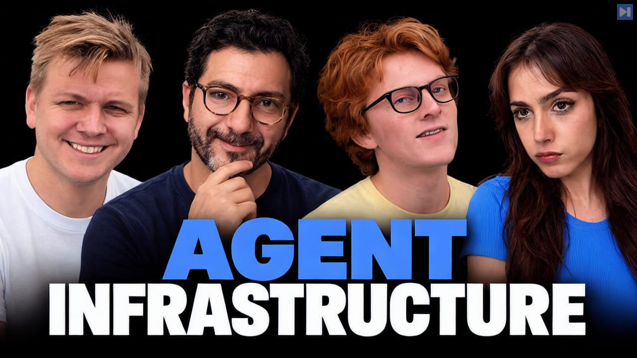 Michael Selander, Rami Banna, Theo Jaffee, Sofia Puccini against a black background with the blue and white headline “AGENT INFRASTRUCTURE”.
