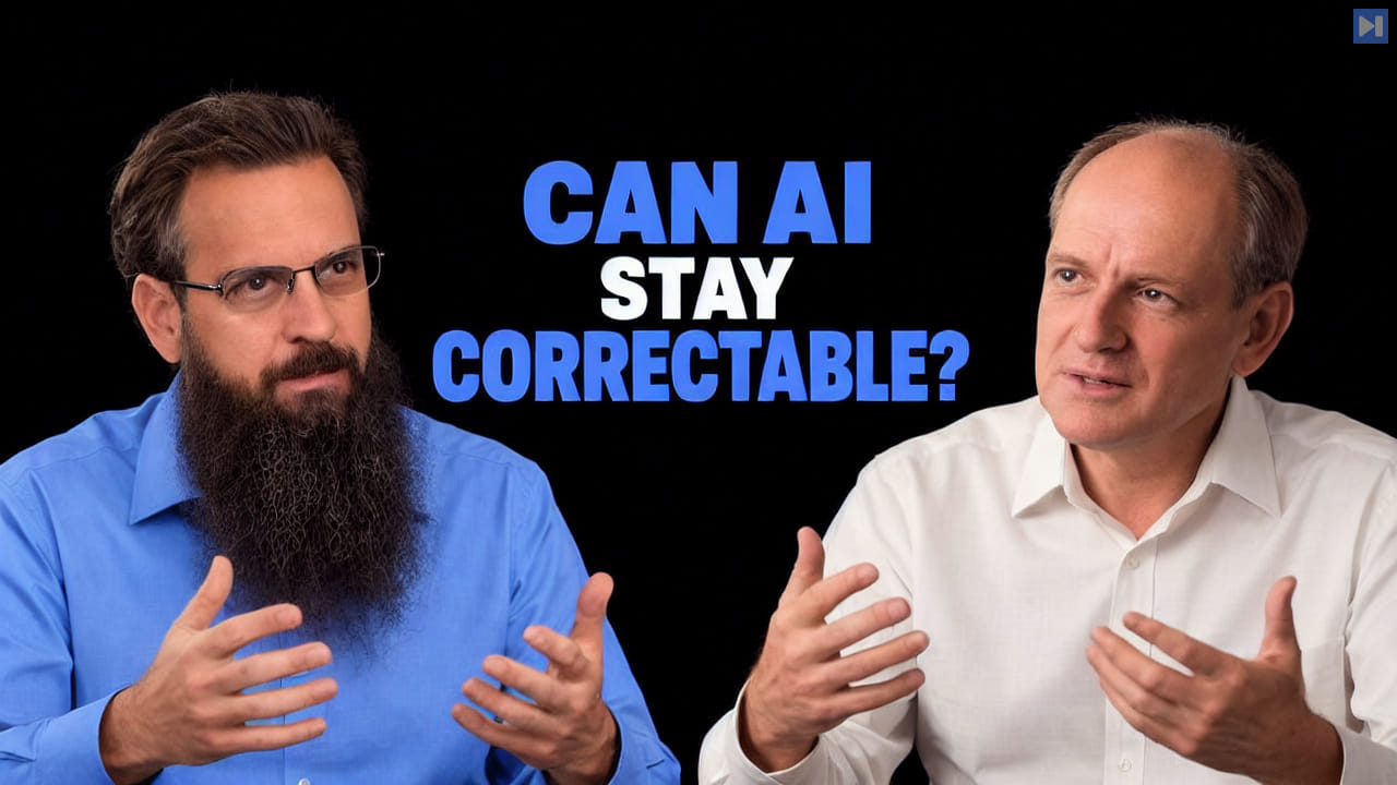 Roman Yampolskiy and Stuart Russell discuss AI control beside the headline Can AI Stay Correctable on a black background.