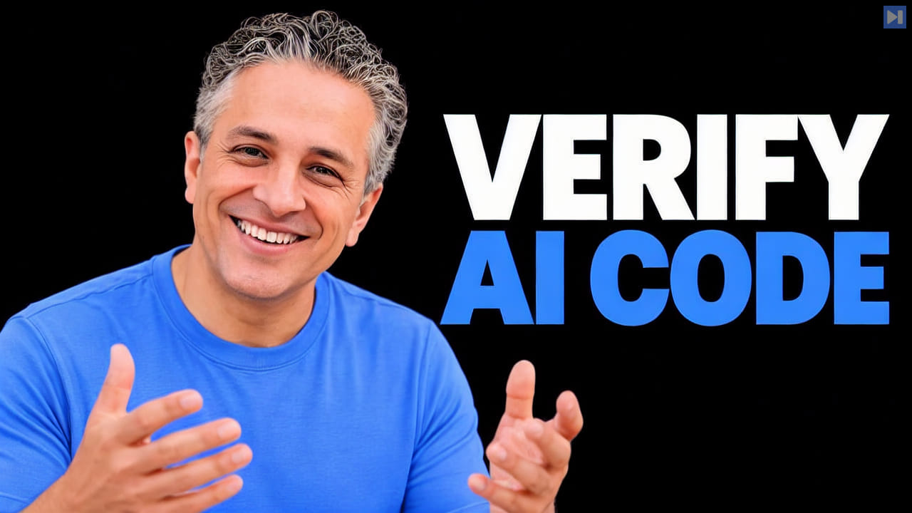 Tariq Shaukat gestures beside the blue and white headline VERIFY AI CODE on a black background.