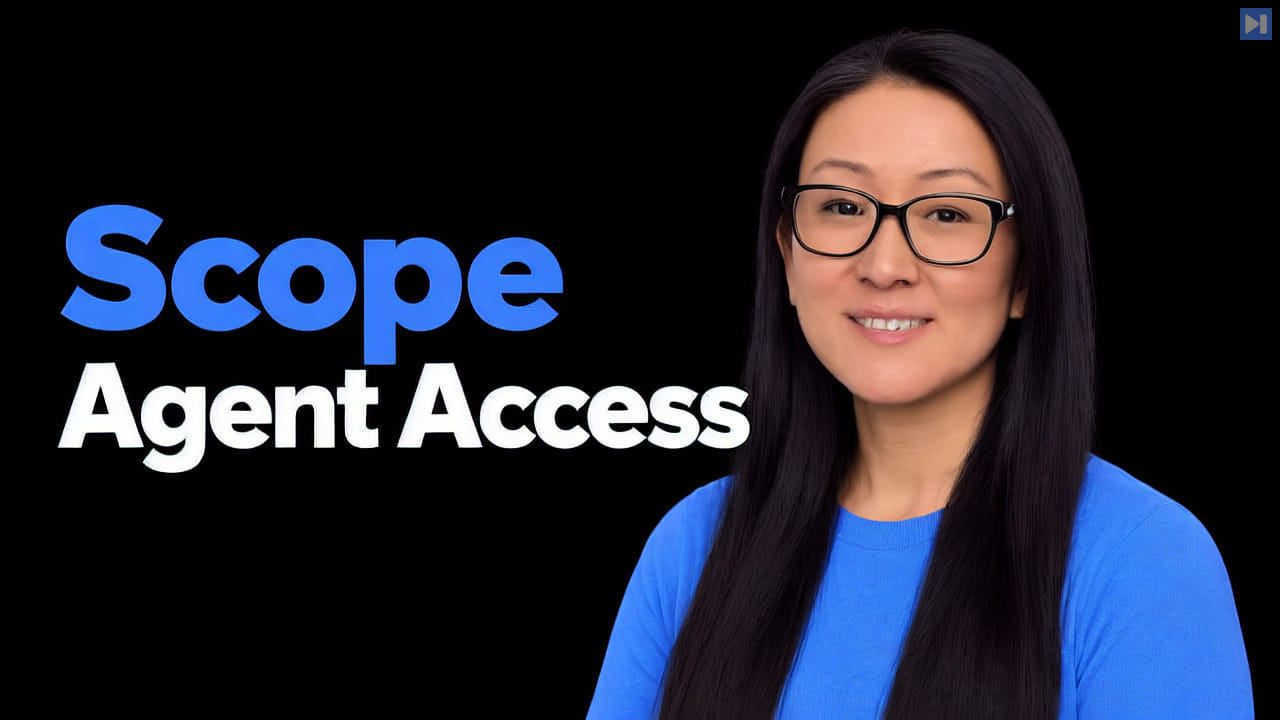 Kim Maida in a blue top and glasses against black beside the blue-and-white headline “Scope Agent Access”.