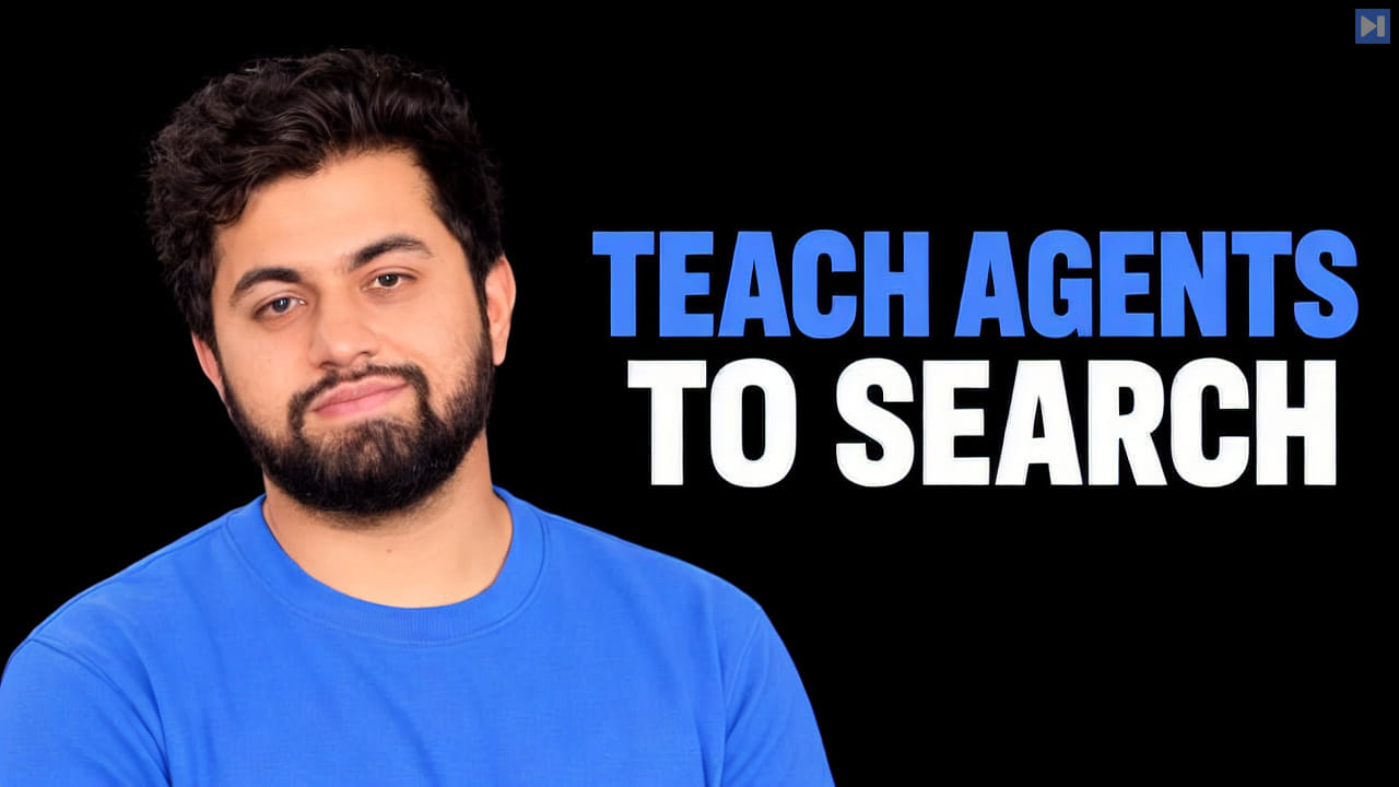 Dhruv Nathawani in a blue shirt beside blue and white text reading “Teach agents to search” on black.