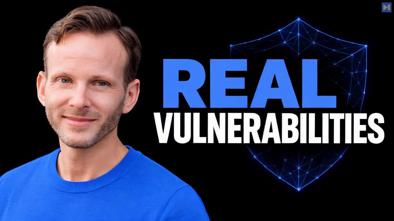 David Brumley in a blue top on black beside the headline ‘REAL VULNERABILITIES’ and a blue wireframe shield.
