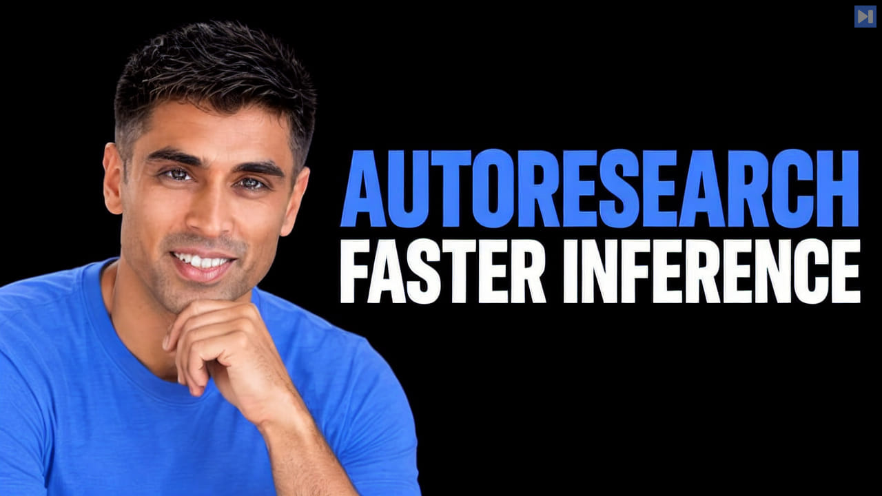 Tejas Bhakta in a blue top beside the blue and white headline AUTORESEARCH FASTER INFERENCE on black.