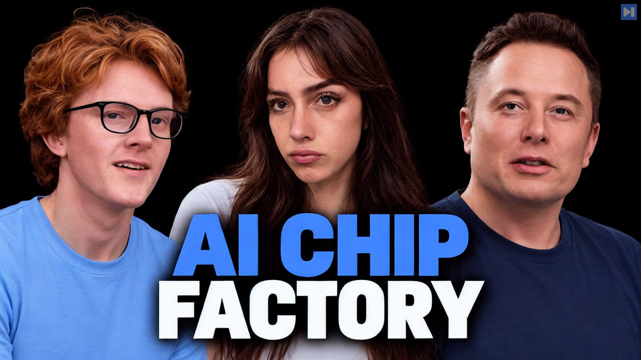 Theo Jaffee, Sofia Puccini and Elon Musk beside the headline AI Chip Factory on a black background.