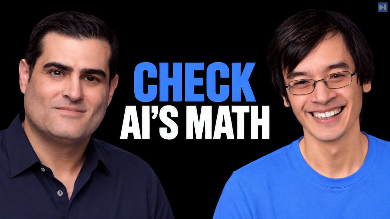 Brian Keating on the left and Terence Tao on the right, with blue and white text reading “Check AI’s math” on black.