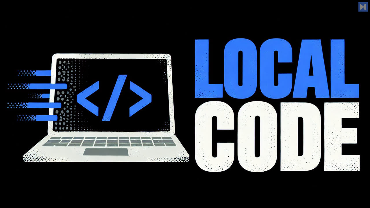 A flat laptop and code brackets beside the words LOCAL CODE on black.