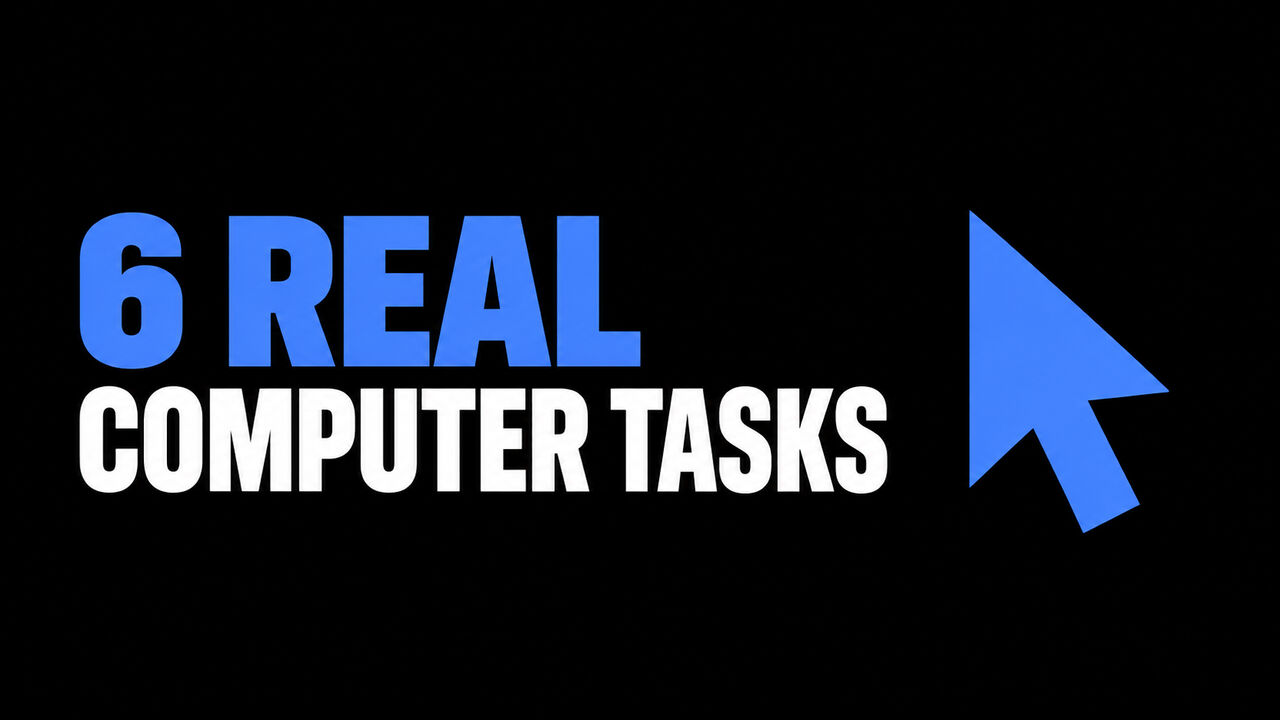 A flat attention-blue computer-control cursor on a black background beside the headline ‘6 REAL COMPUTER TASKS’.