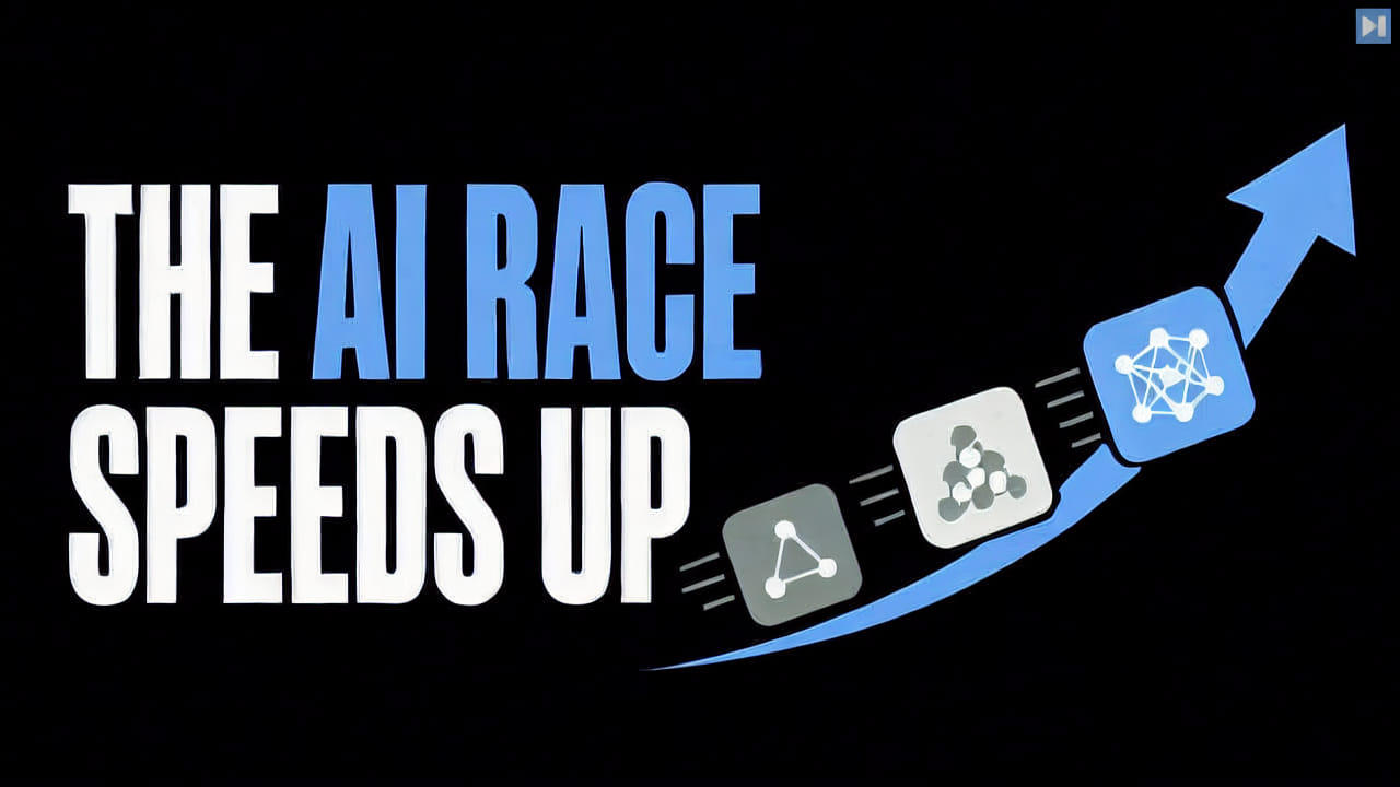 Flat model tiles rising on an arrow beside the words The AI Race Speeds Up