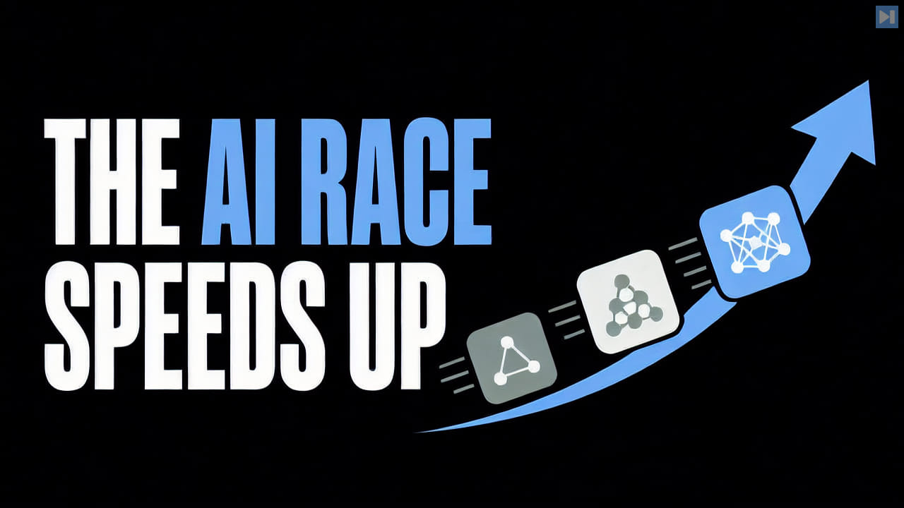 Flat model tiles rising on an arrow beside the words The AI Race Speeds Up