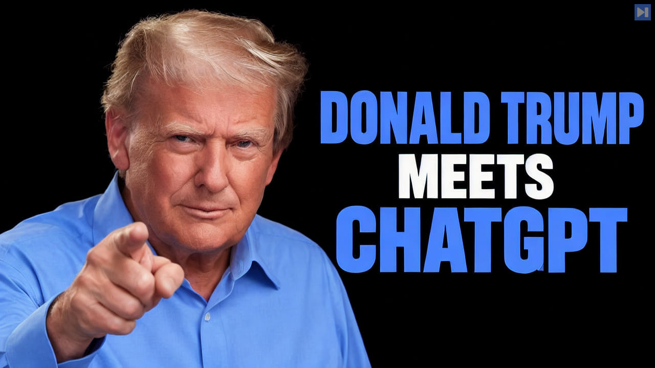 Donald Trump in an attention-blue shirt on a black background beside the headline ‘DONALD TRUMP MEETS CHATGPT’.