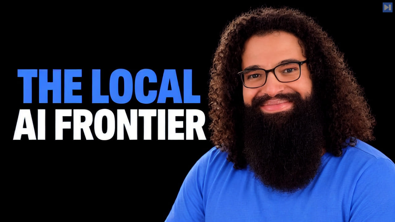Ahmad Osman, with long curly hair, beard and glasses, wears blue beside the blue-and-white headline “THE LOCAL AI FRONTIER” on black.