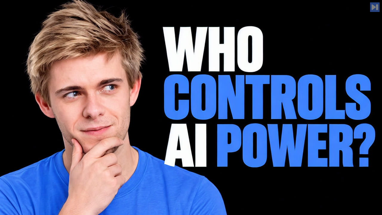 Anton Leicht in a light attention-blue top on a black background beside the headline “WHO CONTROLS AI POWER?”.
