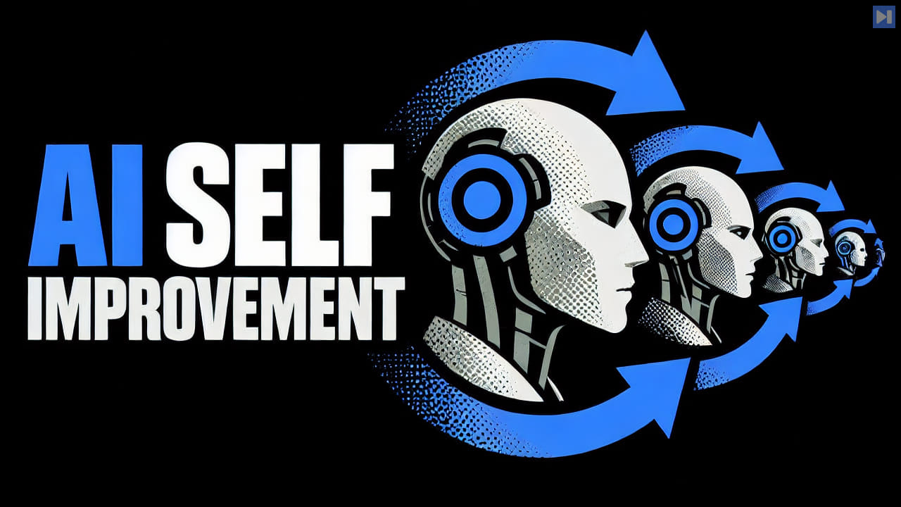 A flat circular-arrow illustration around a blue node on a black background beside the blue and white headline “AI SELF IMPROVEMENT”.