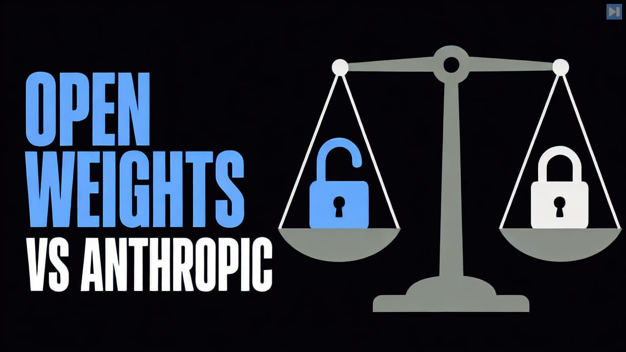 A flat balance scale with open and closed locks beside the headline Open Weights vs Anthropic