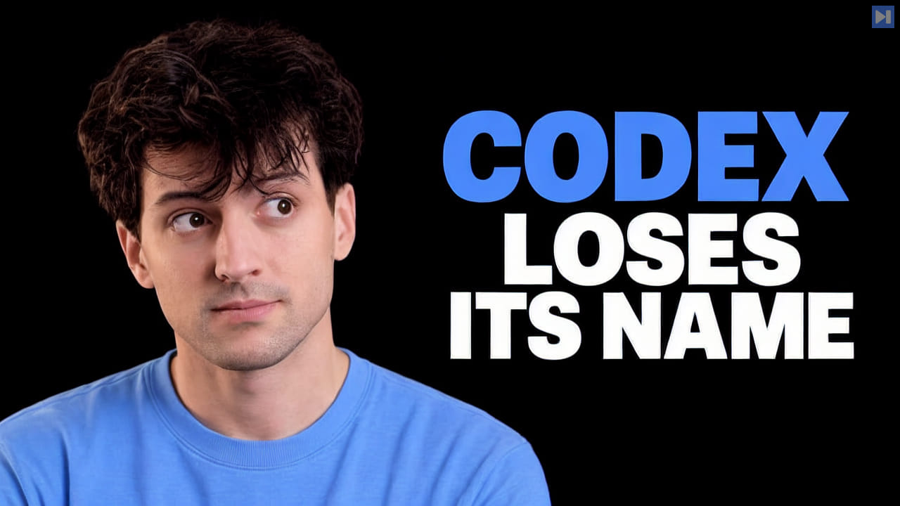 Theo Browne in a blue shirt beside blue and white text reading “Codex loses its name” on black.
