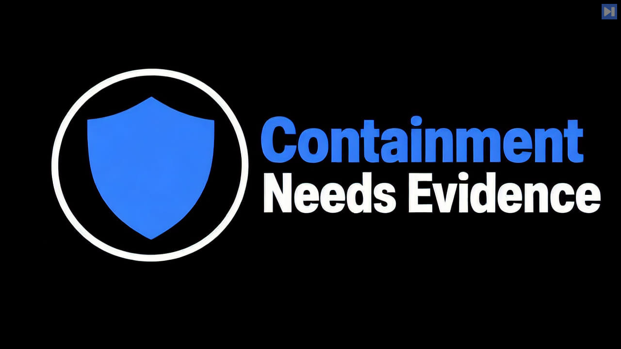 A flat shield and boundary illustration with the blue and white headline Containment Needs Evidence on black.