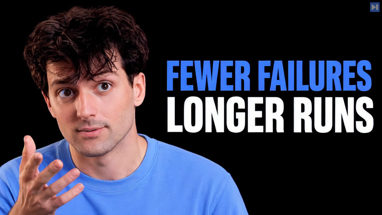 Theo Browne in a photographic portrait composition on black beside the blue-and-white headline “FEWER FAILURES LONGER RUNS”.